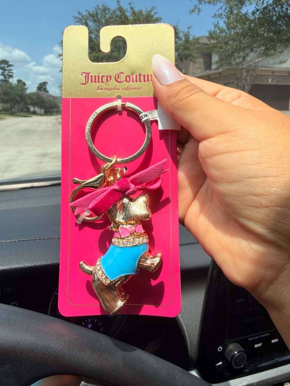 Juicy Couture Scottie Dog Bow Keychain Blue Enamel Pink Rhinestone